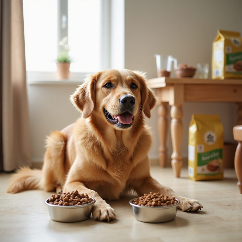 [Un chien heureux mangeant dans une gamelle avec une transition alimentaire en arrière-plan]