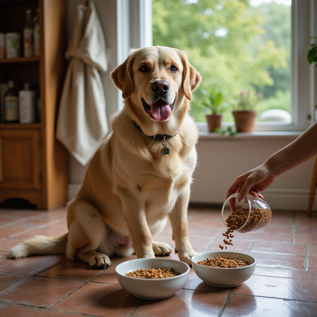 [Image d’un chien devant deux bols de nourriture, l’un ancien et l’autre nouveau.]