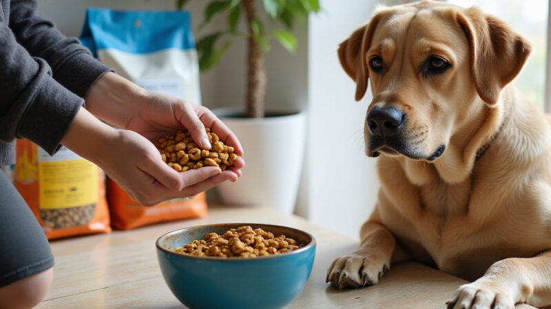 [Un chien adulte et un chiot devant deux bols de nourriture différents symbolisant la transition alimentaire]