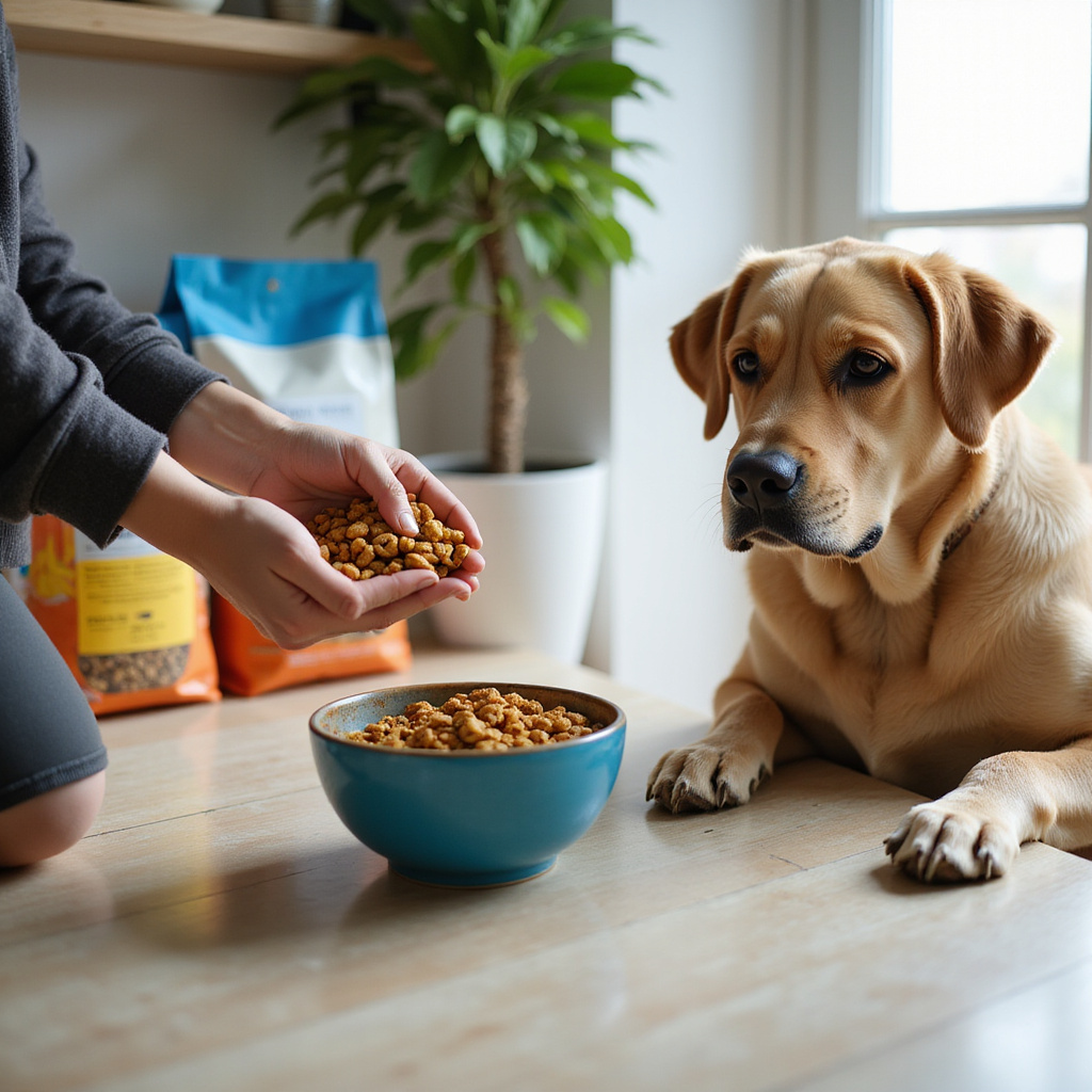 [Un chien adulte et un chiot devant deux bols de nourriture différents symbolisant la transition alimentaire]