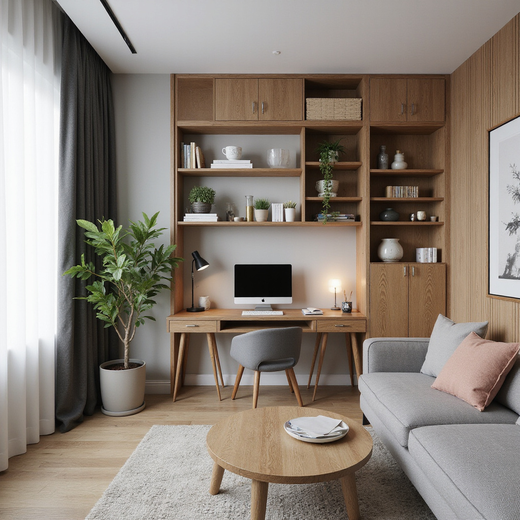 Une vue d’un salon moderne avec un coin bureau intégré, comprenant un bureau compact, une chaise ergonomique et des étagères murales pour un rangement optimal.