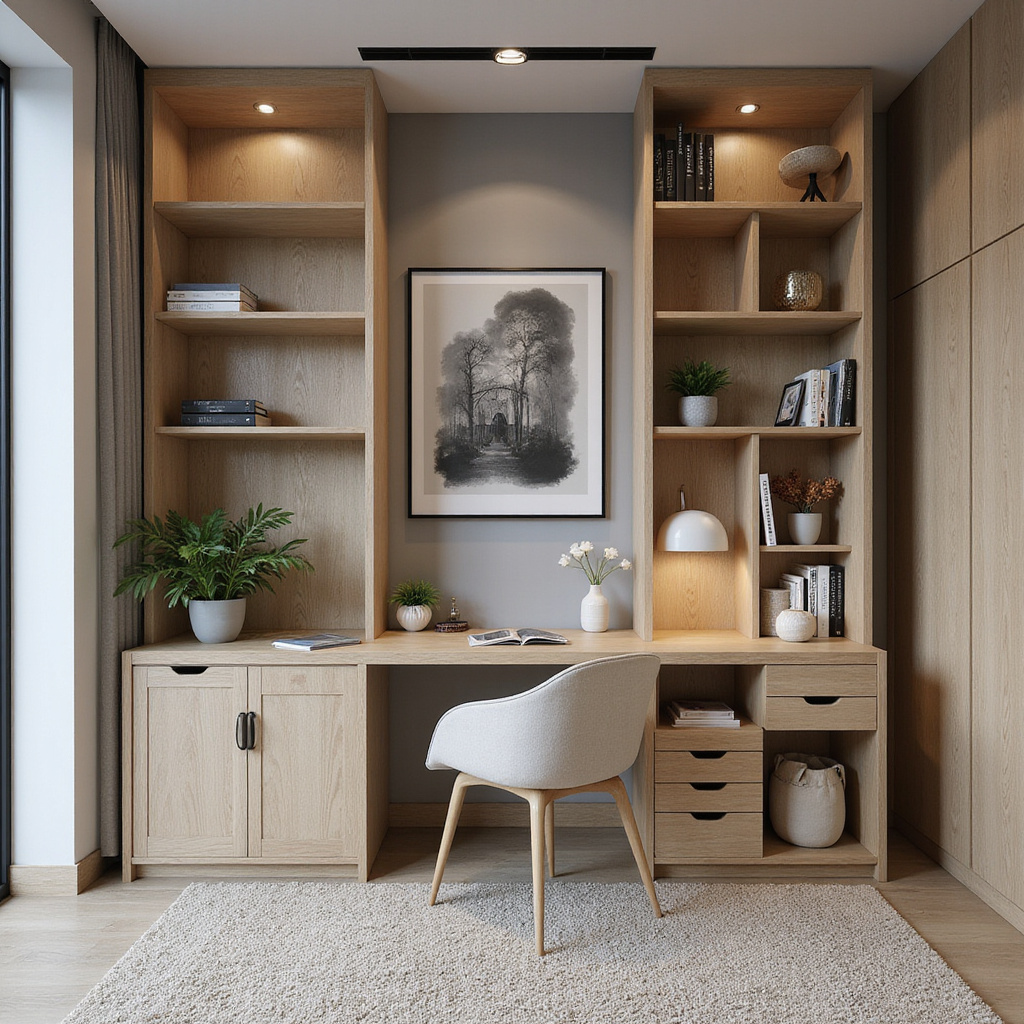 Une vue d’un salon moderne avec un coin bureau intégré, comprenant un bureau compact, une chaise ergonomique et des étagères murales pour un rangement optimal.