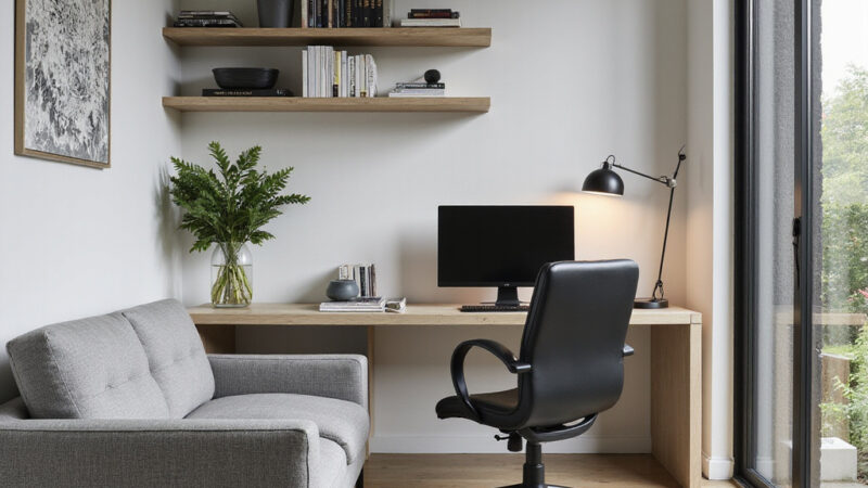 Une vue d’un salon moderne avec un coin bureau intégré, comprenant un bureau compact, une chaise ergonomique et des étagères murales pour un rangement optimal.