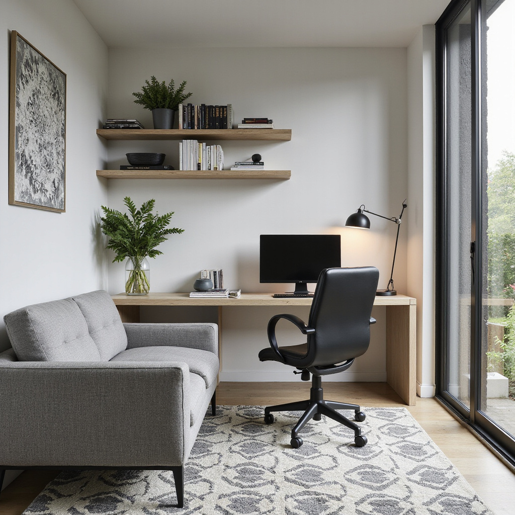 Une vue d’un salon moderne avec un coin bureau intégré, comprenant un bureau compact, une chaise ergonomique et des étagères murales pour un rangement optimal.