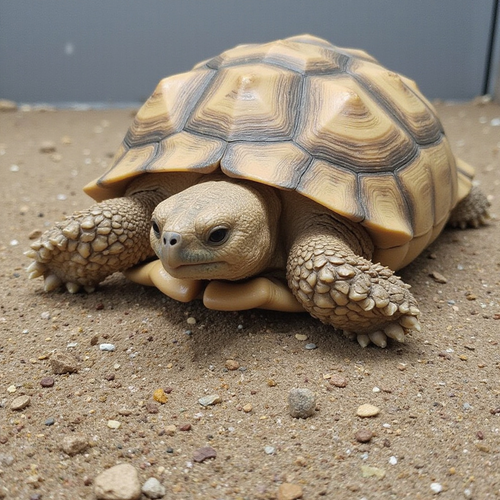 Une tortue steppique dans un terrarium avec un hygromètre mesurant l’humidité, entourée d’un substrat adapté.