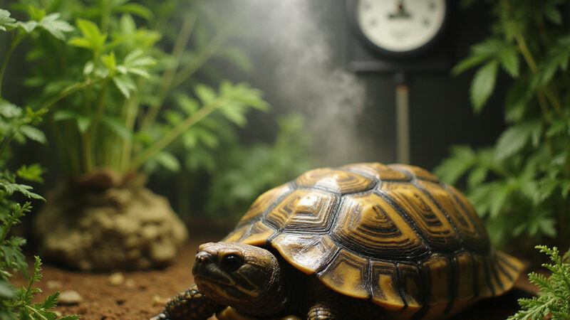 Une tortue steppique dans un terrarium avec un hygromètre mesurant l’humidité, entourée d’un substrat adapté.