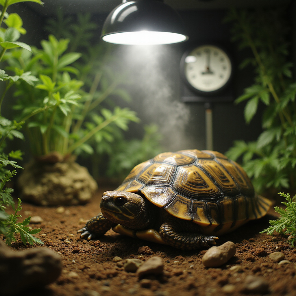 Une tortue steppique dans un terrarium avec un hygromètre mesurant l’humidité, entourée d’un substrat adapté.