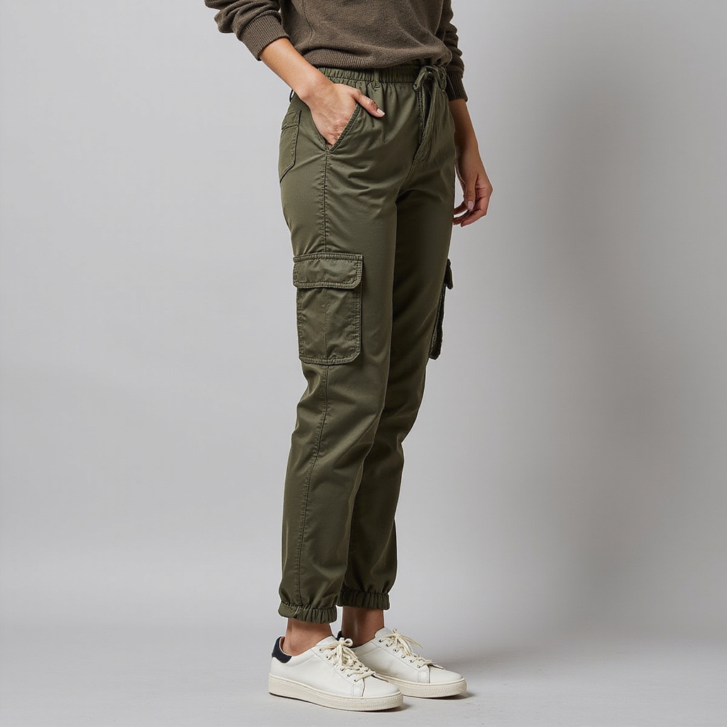 Un homme porte un pantalon cargo élégant associé à une chemise blanche et des chaussures habillées, illustrant un look chic et moderne.