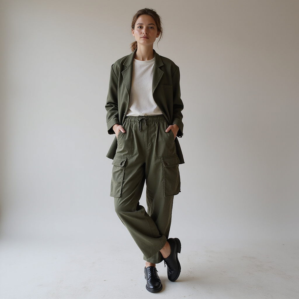 Un homme porte un pantalon cargo élégant associé à une chemise blanche et des chaussures habillées, illustrant un look chic et moderne.