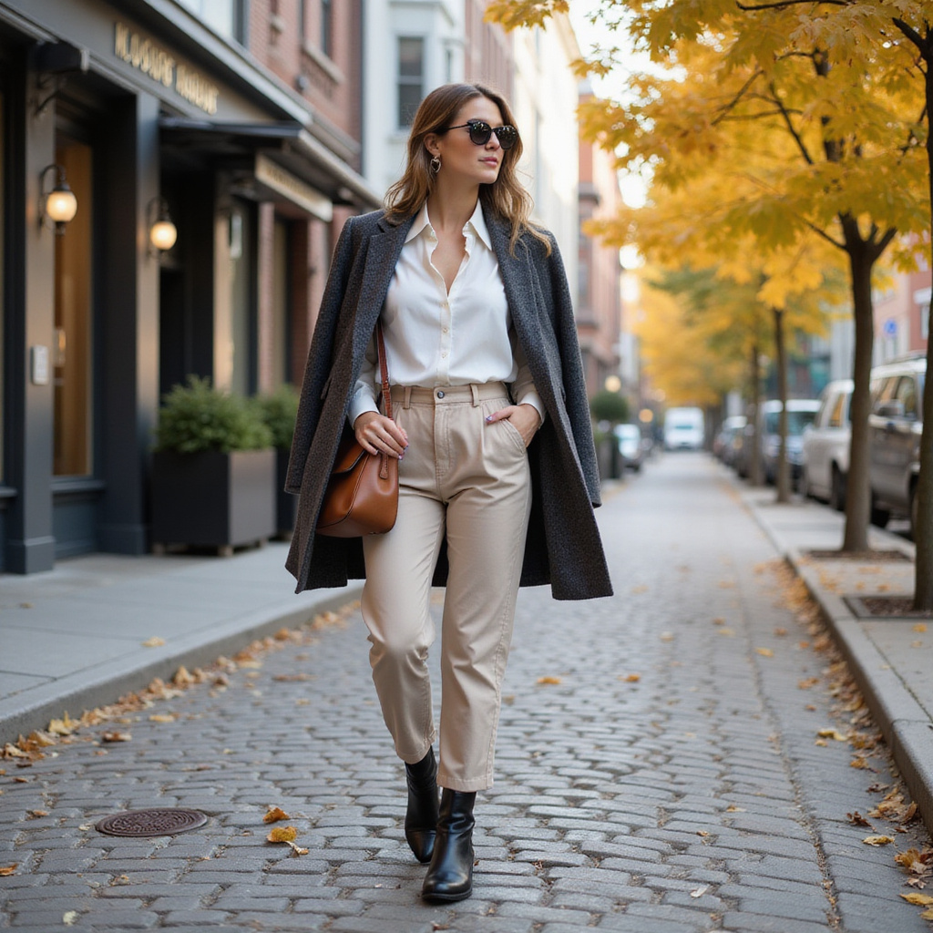 Un homme porte un pantalon cargo élégant associé à une chemise blanche et des chaussures habillées, illustrant un look chic et moderne.