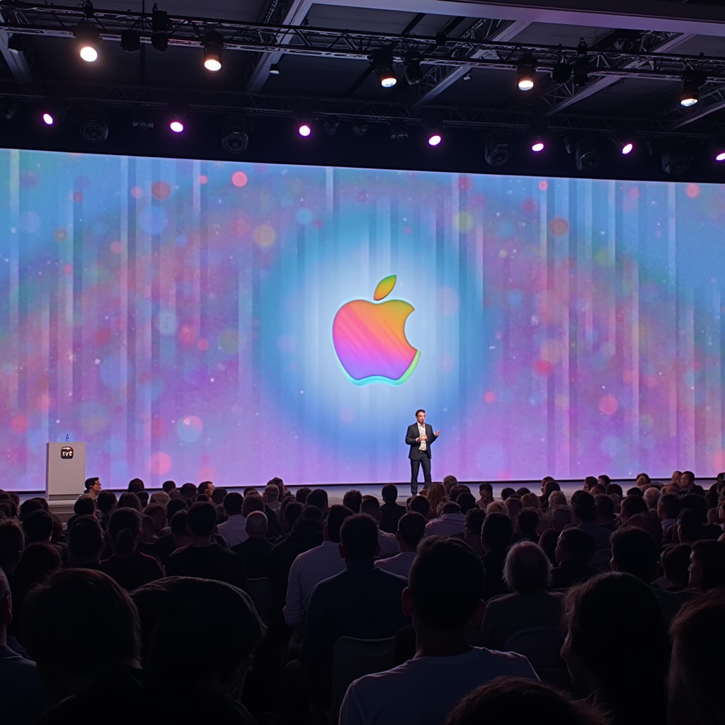 Tim Cook présente les nouveautés du WWDC 2025 lors du keynote en direct sur une scène moderne.