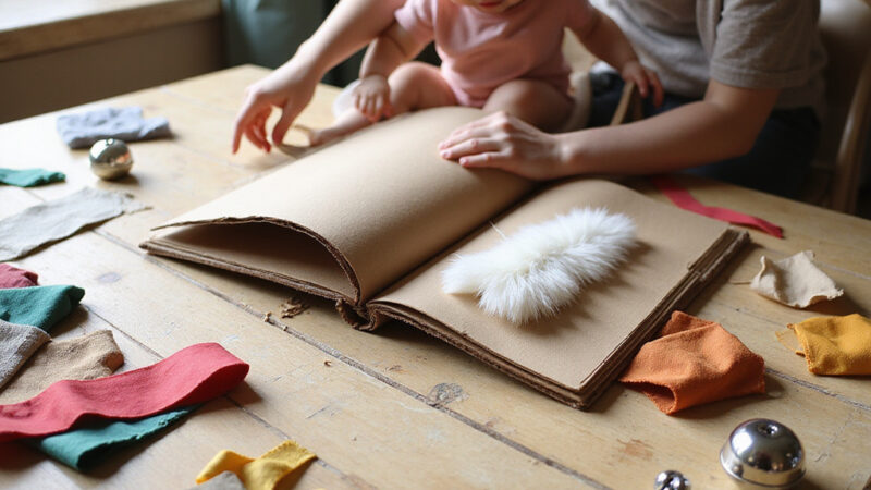 Enfant jouant avec un livre sensoriel fait maison, explorant différentes textures et couleurs.