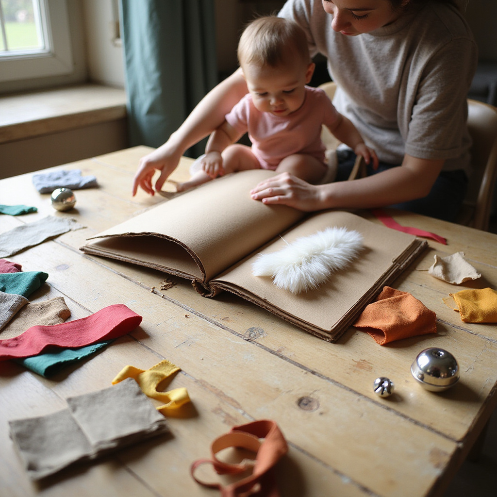 Enfant jouant avec un livre sensoriel fait maison, explorant différentes textures et couleurs.