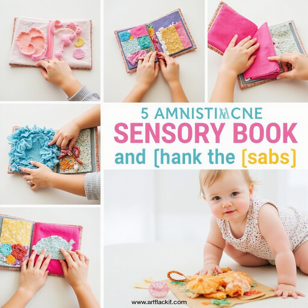 Enfant jouant avec un livre sensoriel fait maison, explorant différentes textures et couleurs.