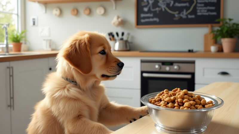 [Un chiot heureux mangeant des croquettes dans un bol coloré.]