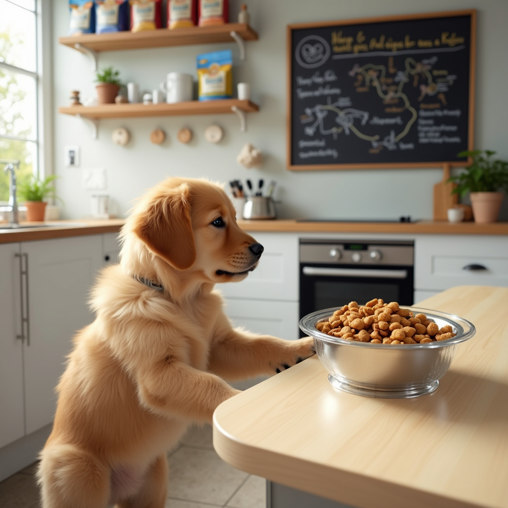 [Un chiot heureux mangeant des croquettes dans un bol coloré.]