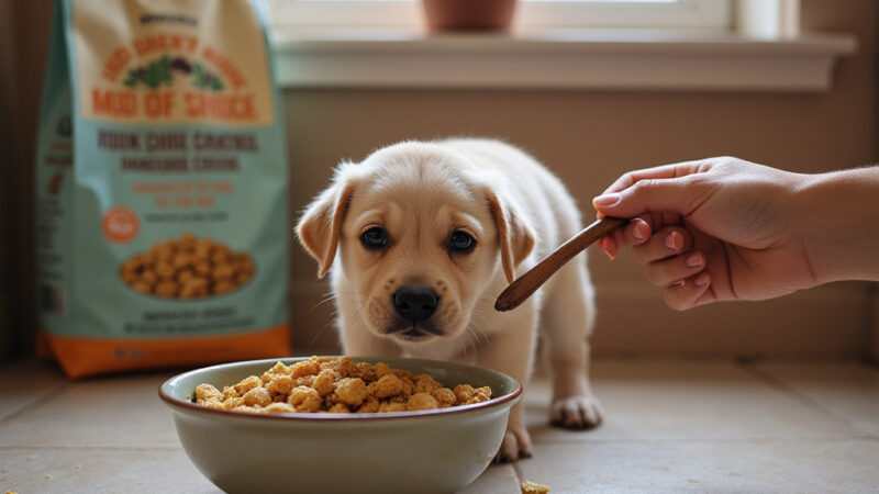 [Un chiot mignon en train de manger dans une gamelle, entouré de croquettes et d’eau fraîche]
