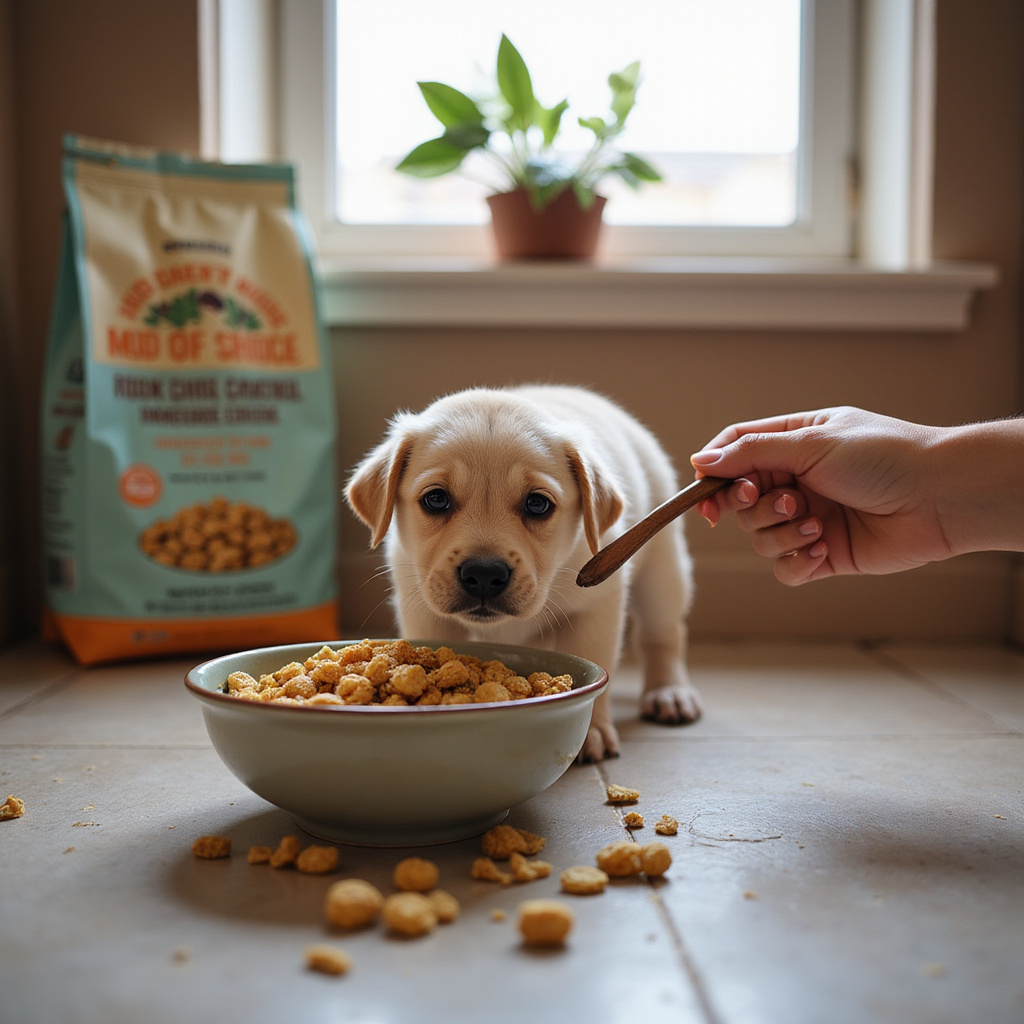 [Un chiot mignon en train de manger dans une gamelle, entouré de croquettes et d’eau fraîche]