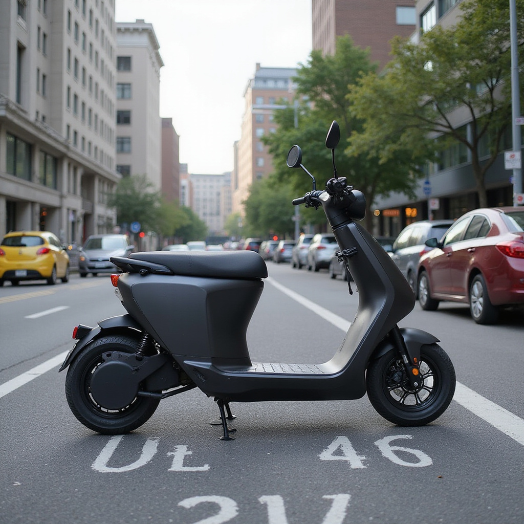 Un hatchback électrique et un scooter électrique garés côte à côte dans une rue animée dune ville, illustrant les options de mobilité urbaine.