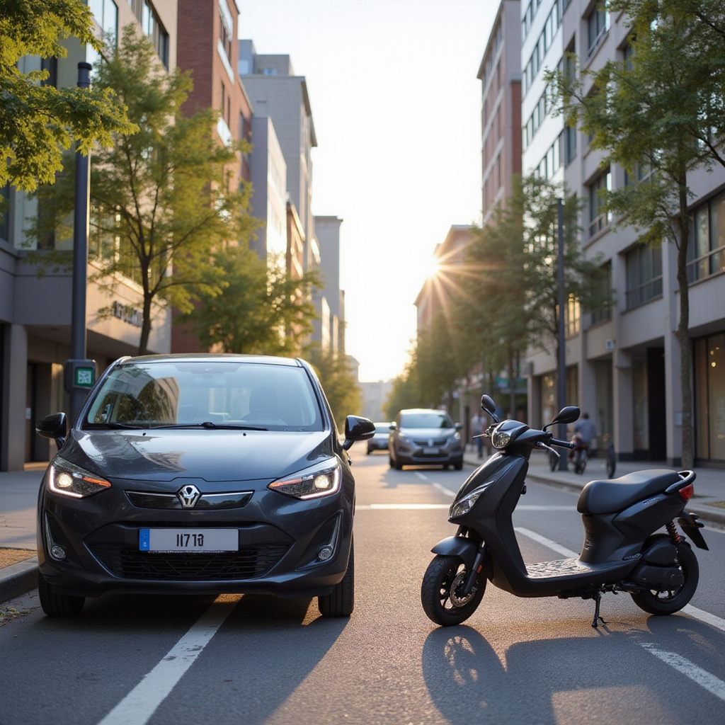 Un hatchback électrique et un scooter électrique garés côte à côte dans une rue animée dune ville, illustrant les options de mobilité urbaine.