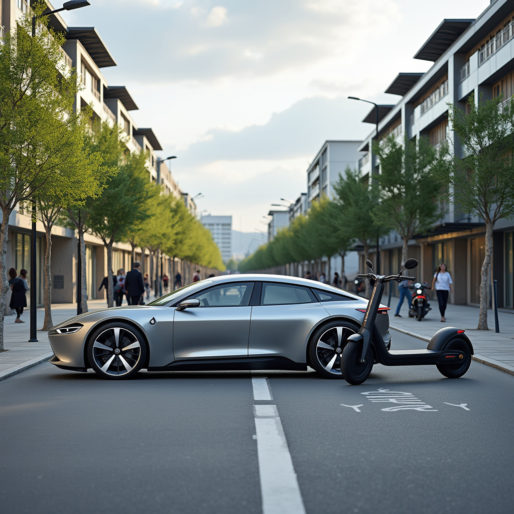 Un hatchback électrique et un scooter électrique garés côte à côte dans une rue animée dune ville, illustrant les options de mobilité urbaine.