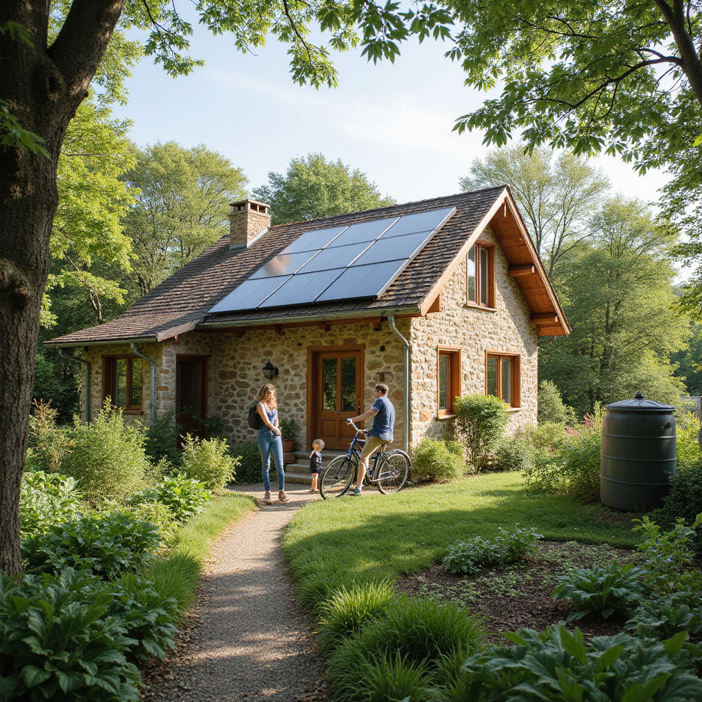 Une maison éco-responsable avec panneaux solaires et jardin, illustrant un mode de vie durable et respectueux de lenvironnement.