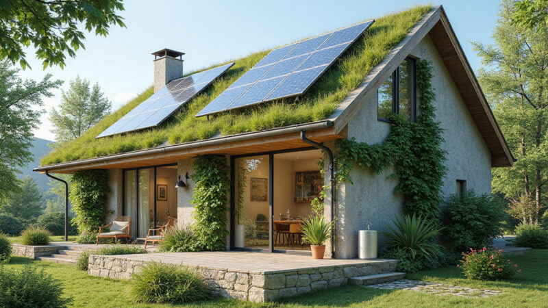 Une maison éco-responsable avec panneaux solaires et jardin, illustrant un mode de vie durable et respectueux de lenvironnement.