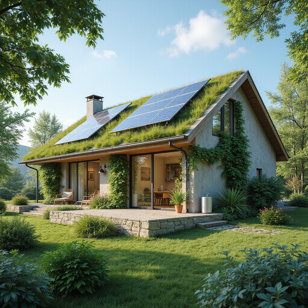 Une maison éco-responsable avec panneaux solaires et jardin, illustrant un mode de vie durable et respectueux de lenvironnement.