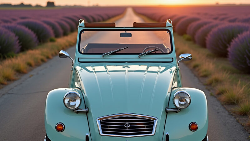 [Une photo de la Citroën 2CV Burton vue de profil, avec son design de roadster et sa couleur vive.]