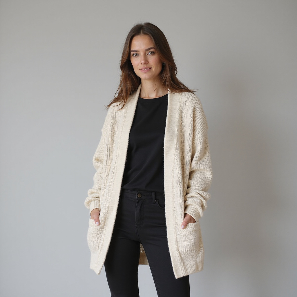 Un modèle féminin porte un kardigan oversize beige, associé à un jean droit et des baskets, illustrant un look décontracté et élégant.