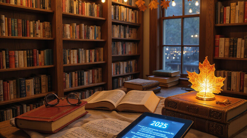 Un empilement de livres colorés sur une table, avec une tasse de café et des lunettes de lecture, symbolisant une ambiance confortable et invitante pour la lecture.