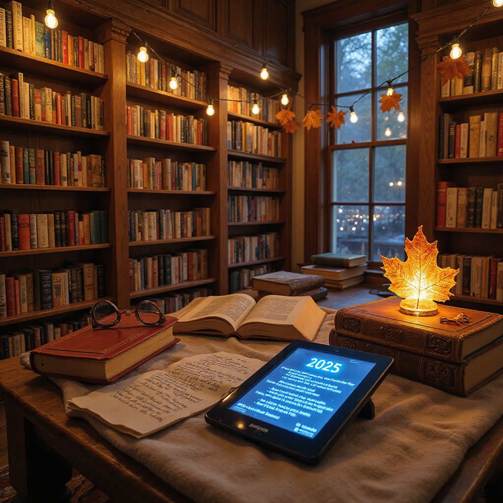 Un empilement de livres colorés sur une table, avec une tasse de café et des lunettes de lecture, symbolisant une ambiance confortable et invitante pour la lecture.