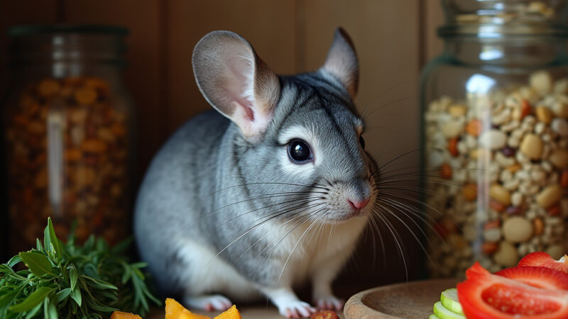 Alt-text: Un chinchilla mâchant du foin dans un environnement propre et sain, illustrant une alimentation sans céréales.
