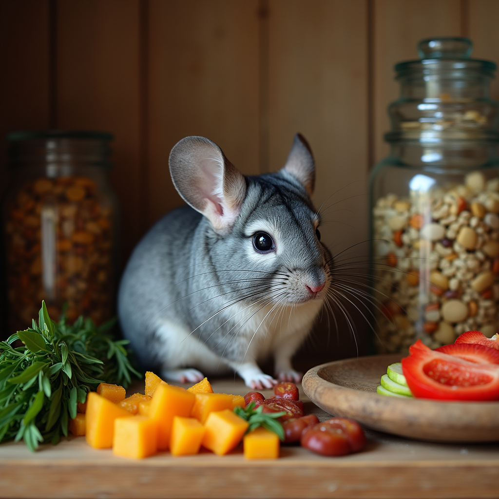 Alt-text: Un chinchilla mâchant du foin dans un environnement propre et sain, illustrant une alimentation sans céréales.