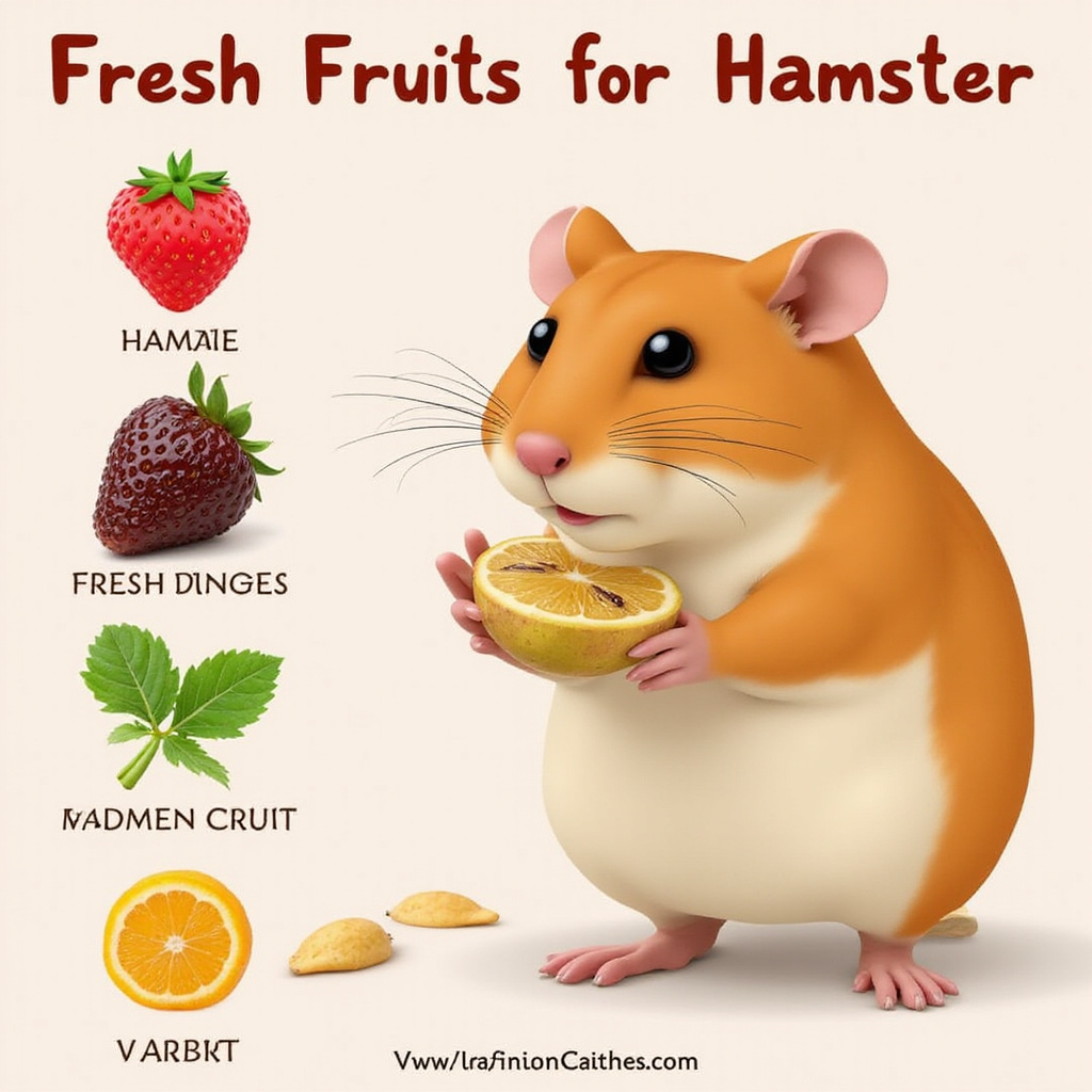 Un hamster mordillant un morceau de pomme posé sur une petite assiette, avec des morceaux de fruits frais en arrière-plan.