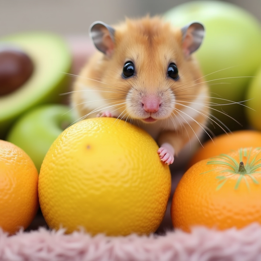 Un hamster mordillant un morceau de pomme posé sur une petite assiette, avec des morceaux de fruits frais en arrière-plan.