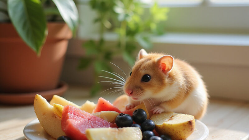 Un hamster mordillant un morceau de pomme posé sur une petite assiette, avec des morceaux de fruits frais en arrière-plan.