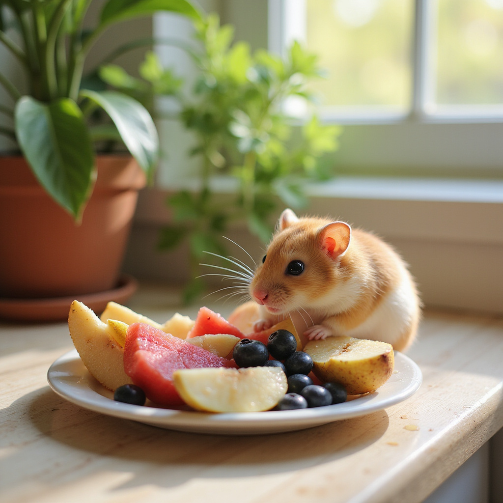 Un hamster mordillant un morceau de pomme posé sur une petite assiette, avec des morceaux de fruits frais en arrière-plan.