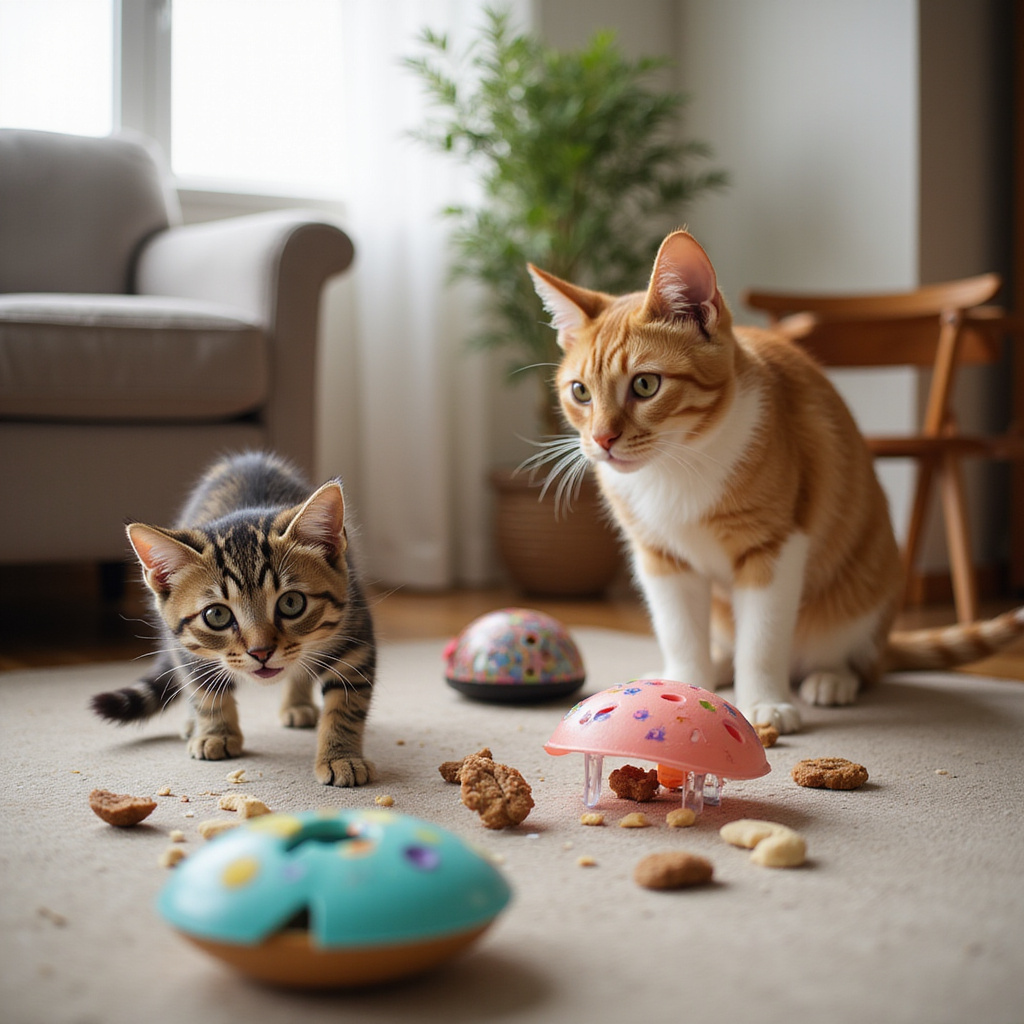 Un chat jouant avec un jouet interactif en forme de souris, stimulant son instinct de chasse.