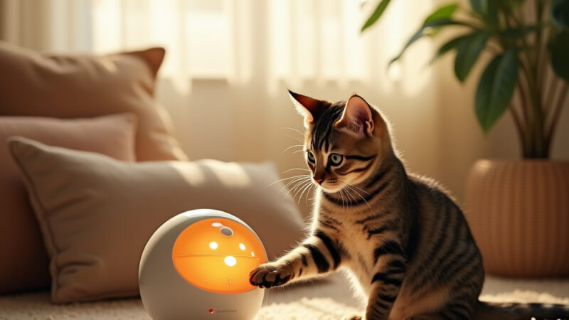 Un chat jouant avec un jouet interactif en forme de souris, stimulant son instinct de chasse.