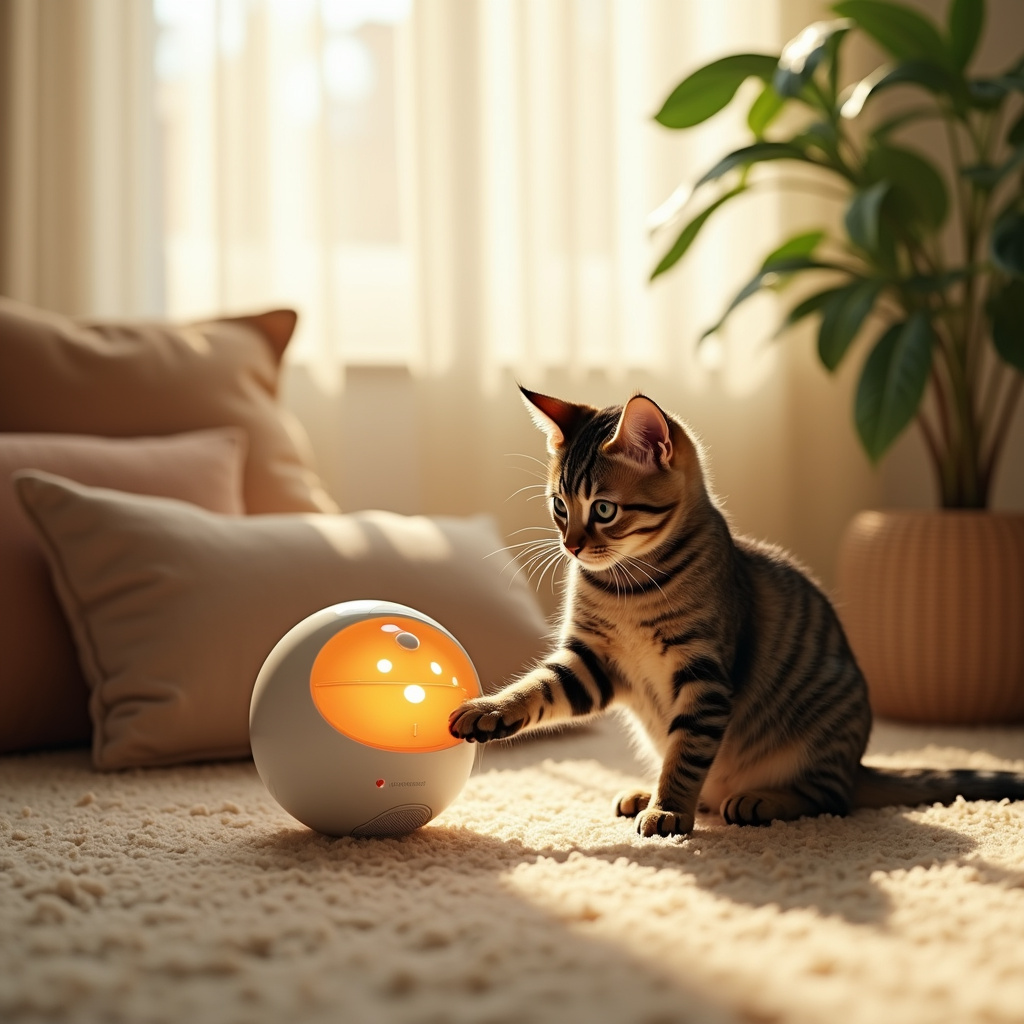 Un chat jouant avec un jouet interactif en forme de souris, stimulant son instinct de chasse.