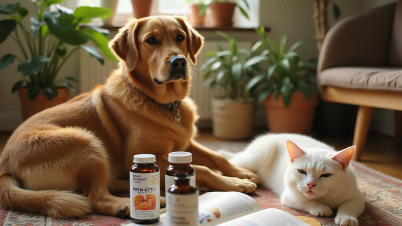 [Une illustration d’un chien et d’un chat mangeant dans des bols avec des aliments enrichis de prébiotiques et probiotiques]
