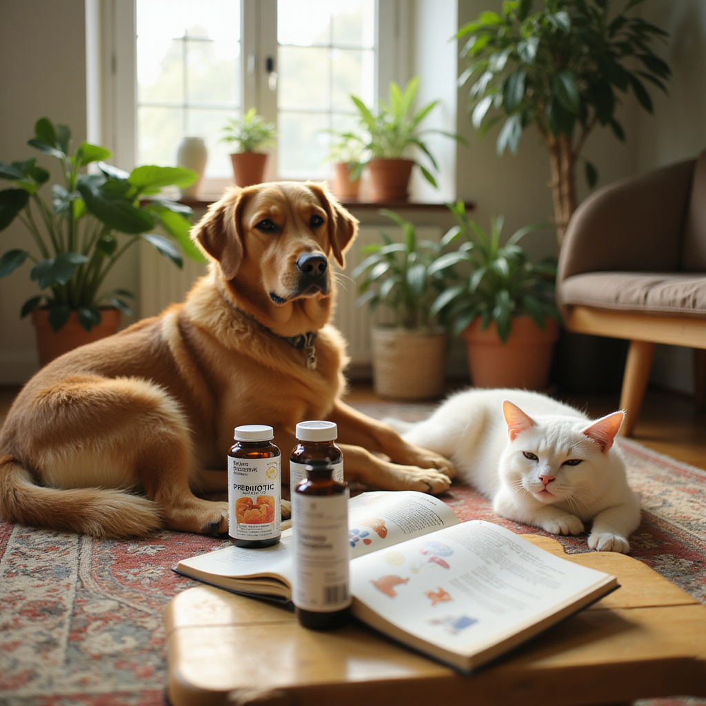 [Une illustration d’un chien et d’un chat mangeant dans des bols avec des aliments enrichis de prébiotiques et probiotiques]