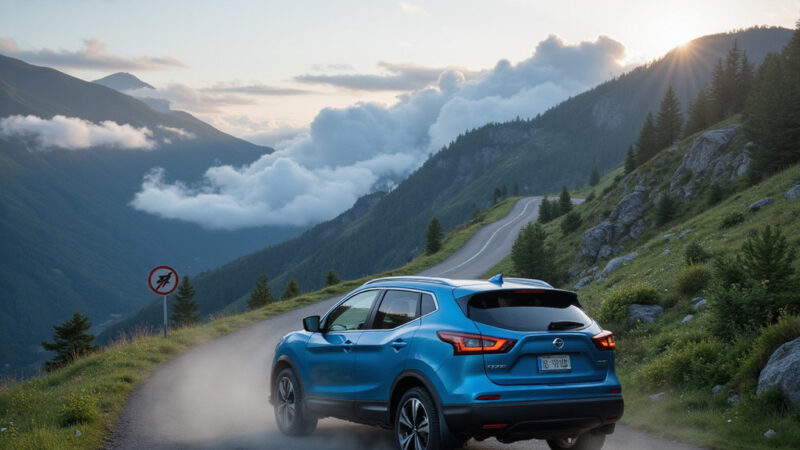 [Description alt grafiki powiązanej z tematem] SUV Nissan Qashqai e-Power 2025 en pleine accélération sur une route panoramique, avec des paysages verdoyants en arrière-plan.