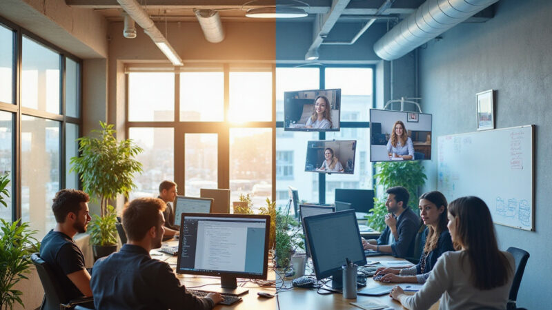 Deux professionnels discutant des avantages de loutsourcing IT et dune équipe interne lors dune réunion stratégique.