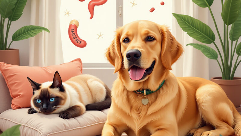 [Description alt de la graphique : Une illustration montrant un chien et un chat heureux avec des aliments enrichis en prébiotiques et probiotiques.]