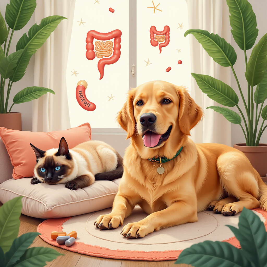 [Description alt de la graphique : Une illustration montrant un chien et un chat heureux avec des aliments enrichis en prébiotiques et probiotiques.]