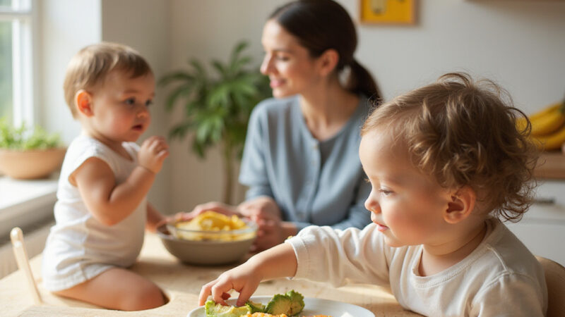 Image dun bébé heureux découvrant de nouveaux aliments solides dans une assiette colorée, avec une cuillère à la main.