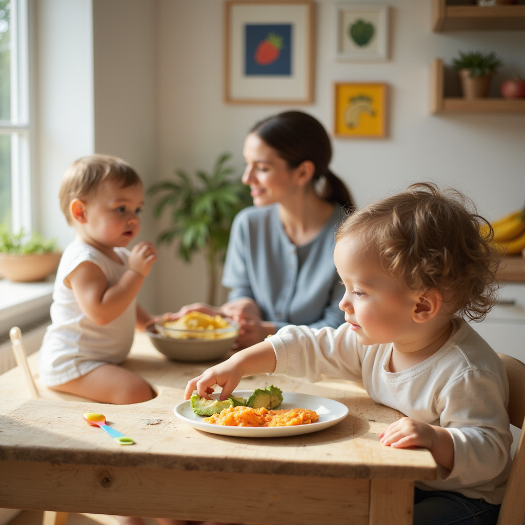 Image dun bébé heureux découvrant de nouveaux aliments solides dans une assiette colorée, avec une cuillère à la main.
