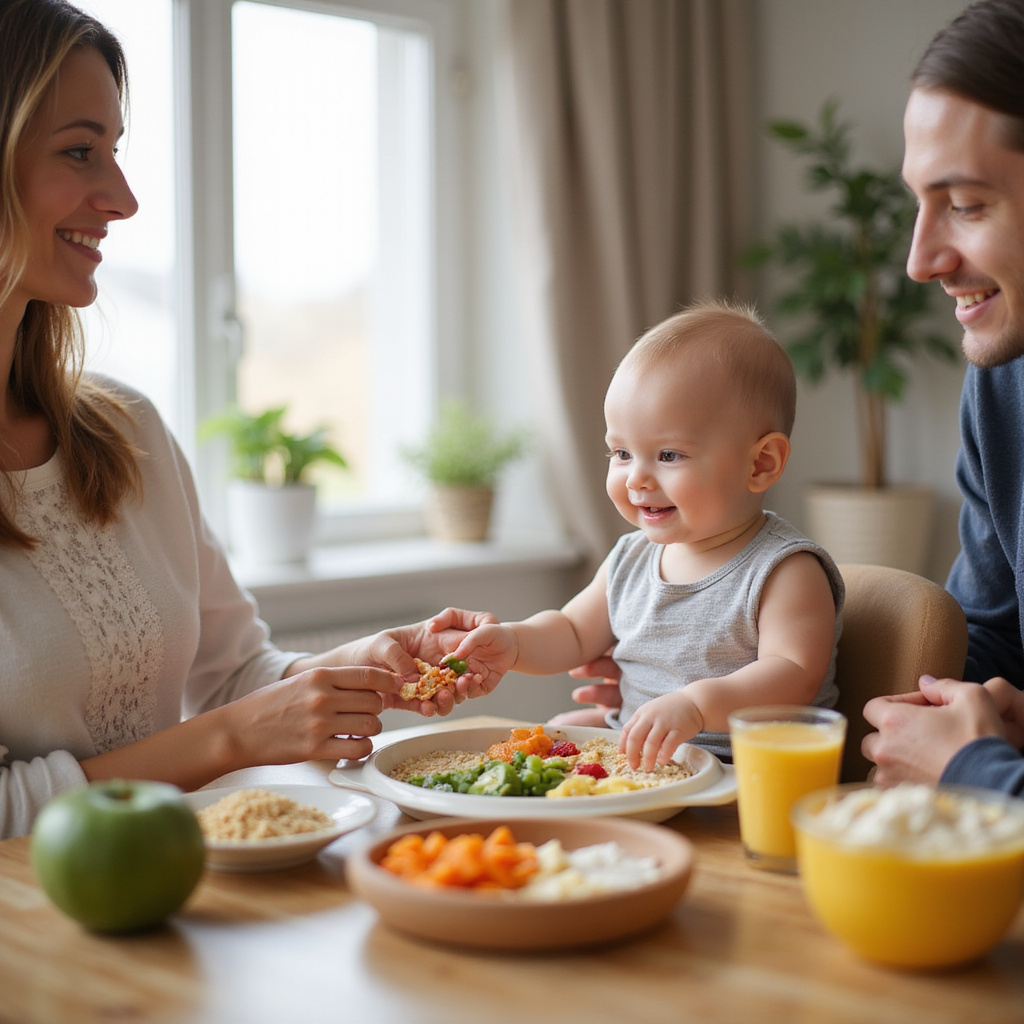 Image dun bébé heureux découvrant de nouveaux aliments solides dans une assiette colorée, avec une cuillère à la main.